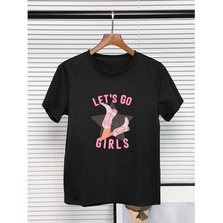 European And American Round Neck T-shirt 100 Cotton Denim Girl Boots Printing-Blouses & Shirts-Zishirts