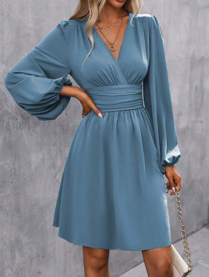 Foreign Trade Amazon Solid Color Chest Wrap V-neck Lantern Sleeve Dress-Lady Dresses-Zishirts