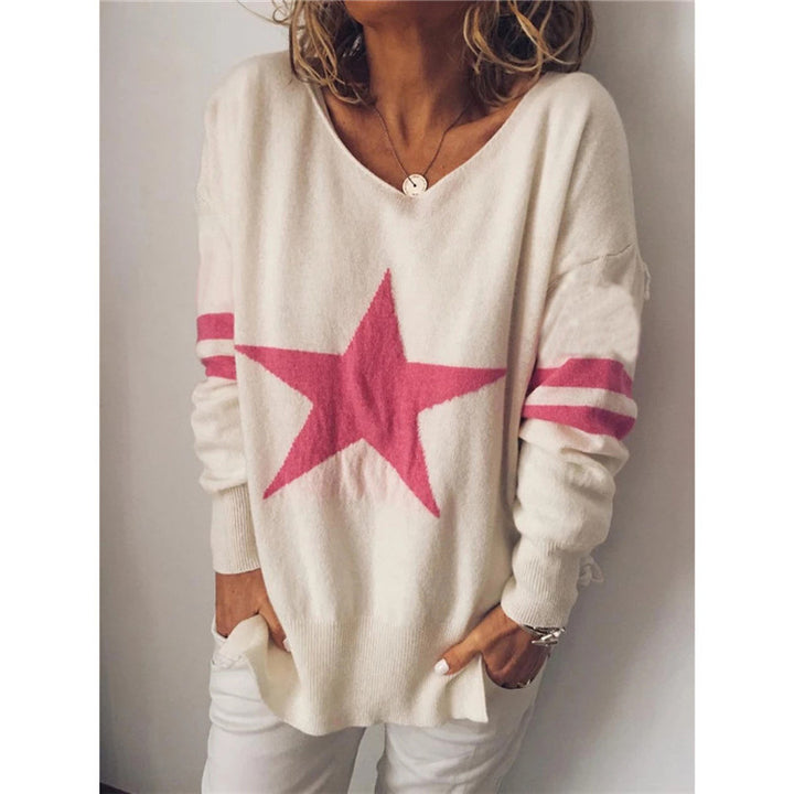 European And American Knitted Five-pointed Star Split Pullover Long Sleeve V-neck Winter Clothing Jacket-Women's Outerwear 2023-Zishirts