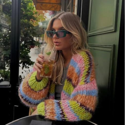 Women's Multi-color Long-sleeved Knitted Cardigan-Women's Outerwear 2023-Zishirts