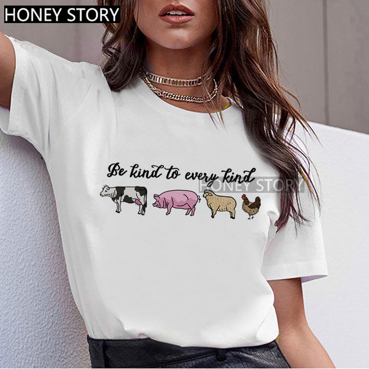 T-shirt Animal Cute Pattern Round Neck White Short-sleeve Top-Women's Outerwear 2023-Zishirts