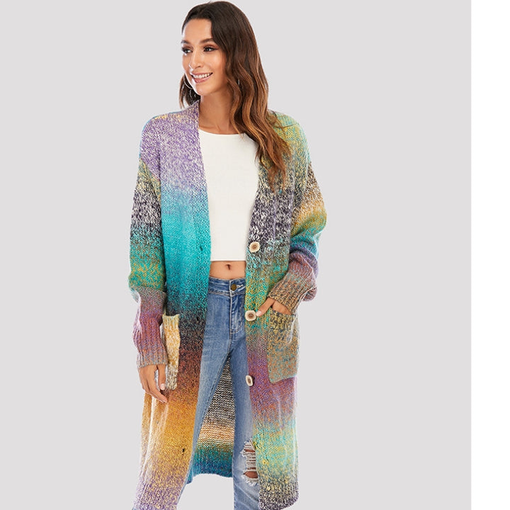 Knitted Sweater Loose Rainbow Long Coat Wool Cardigan-Sweaters-Zishirts