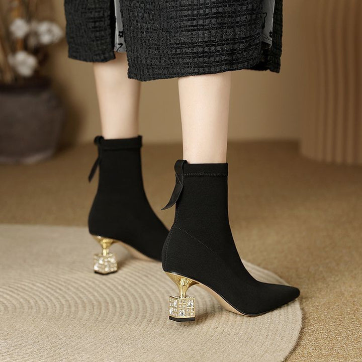 Women Pointed Toe Mid-calf High-heeled Skinny Boots-Womens Footwear-Zishirts