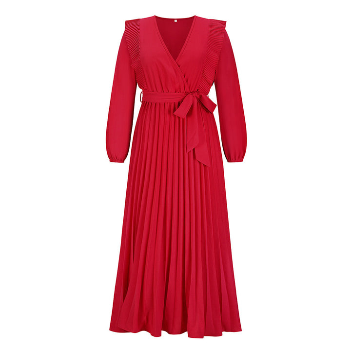 V-neck Swing Pleated Dress-Womens 2024 March-Zishirts