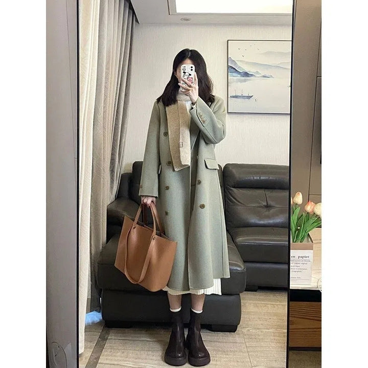 Socialite Style Matcha Green Woolen Coat For Women-Jackets-Zishirts