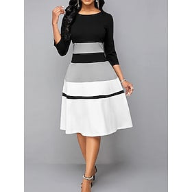 Women's Printed Striped Round Neck Knitted Dress-Womens 2024 March-Zishirts