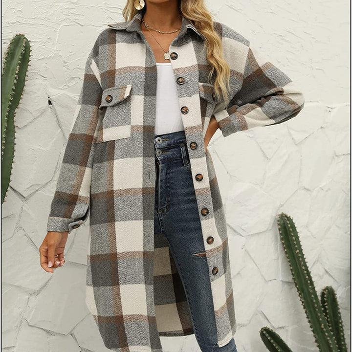 Plaid Lapel Button Woolen Casual Trench Coat-Women's Outerwear 2023-Zishirts