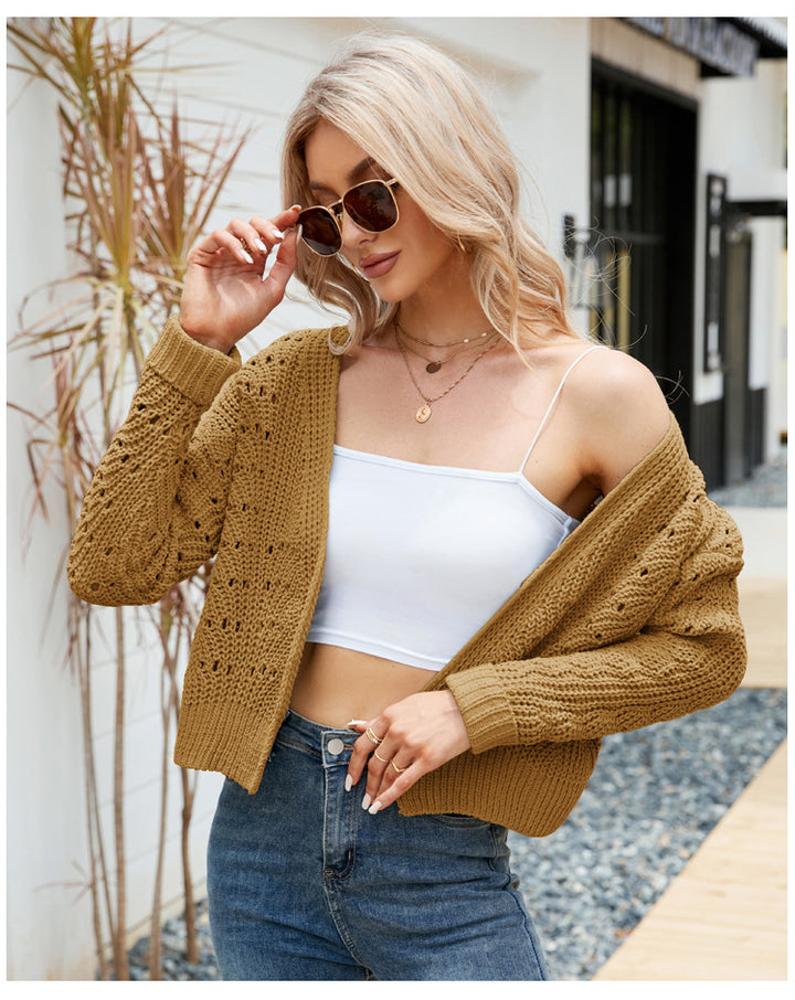 Long Sleeves Outer Match Knitwear Solid Color Hollow Out Sweater Cardigan-Sweaters-Zishirts