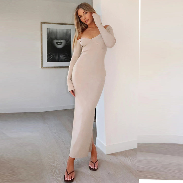 Women's Irregular Slant Shoulder Back Slit Long Dress-Lady Dresses-Zishirts