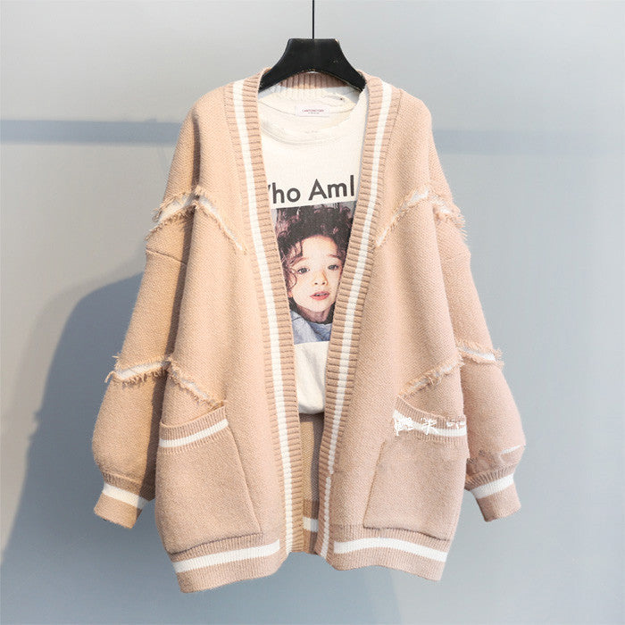 Women's Loose Letter Thick Knit Cardigan Sweater Coat-Sweaters-Zishirts
