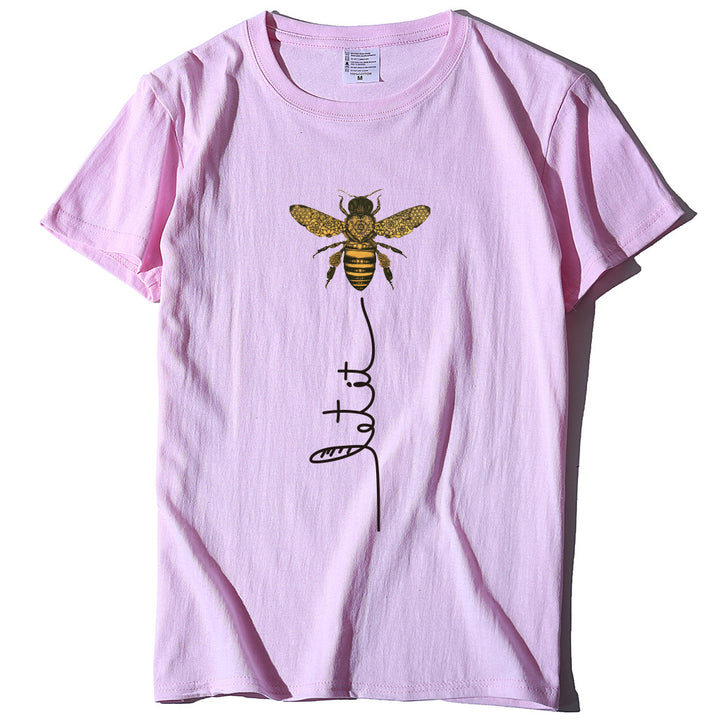 Bee And Letter Print Pattern Women's Loose T-shirt-Women's Outerwear 2023-Zishirts