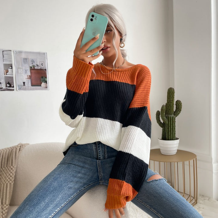 Autumn New European And American Women's Clothing Striped Contrast Color Knitwear Round Neck Loose Sweater-Sweaters-Zishirts