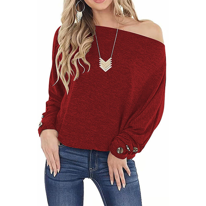 Women's Off-shoulder Button Solid Color Long Sleeve Casual T-shirt-Blouses & Shirts-Zishirts