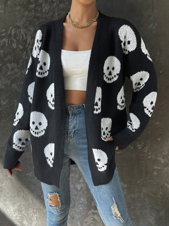 Women's Fashion Casual Halloween Skull Jacquard Knitted Long Sleeve Cardigan-Sweaters-Zishirts