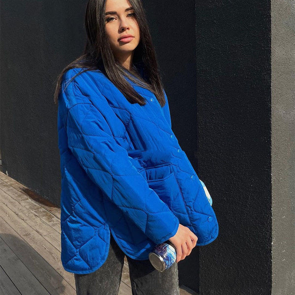 New Casual Loose Blue Round Neck Cotton Coat Women-Jackets-Zishirts