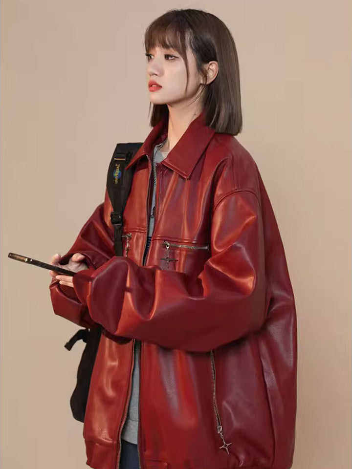 Turn-down Collar Coat Women's Leather Jacket-Women's Outerwear 2023-Zishirts