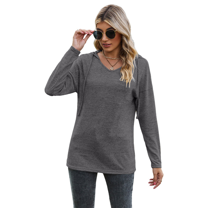 Solid Color And V-neck Hooded Long-sleeved Casual Bottoming T-shirt-Blouses & Shirts-Zishirts