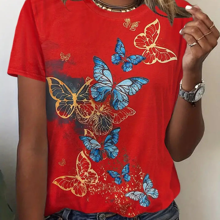 European And American Ladies Tie-dye T-shirt Butterfly Print Garden Collar-Womens 2024 March-Zishirts