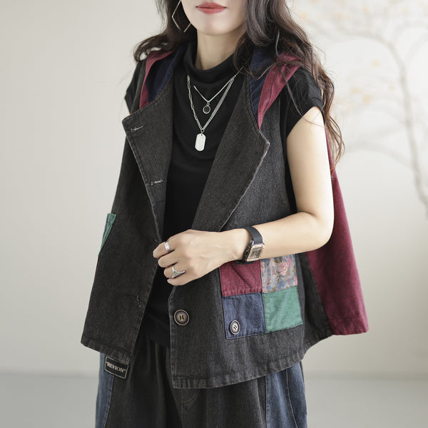 Women's Retro Loose Hooded Ethnic Style Stitching Patchwork Coat Vest-Womens 2024 March-Zishirts