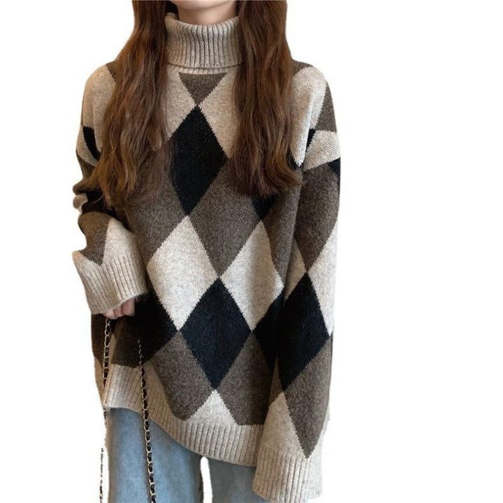 Korean Style Retro Lazy Style Diamond Plaid Colorblock Thick Warm Loose Turtleneck Sweater-Women's Outerwear 2023-Zishirts