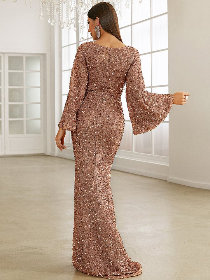 V-neck Hip Sequined Mid-waist Flared Sleeve Dress-Lady Dresses-Zishirts