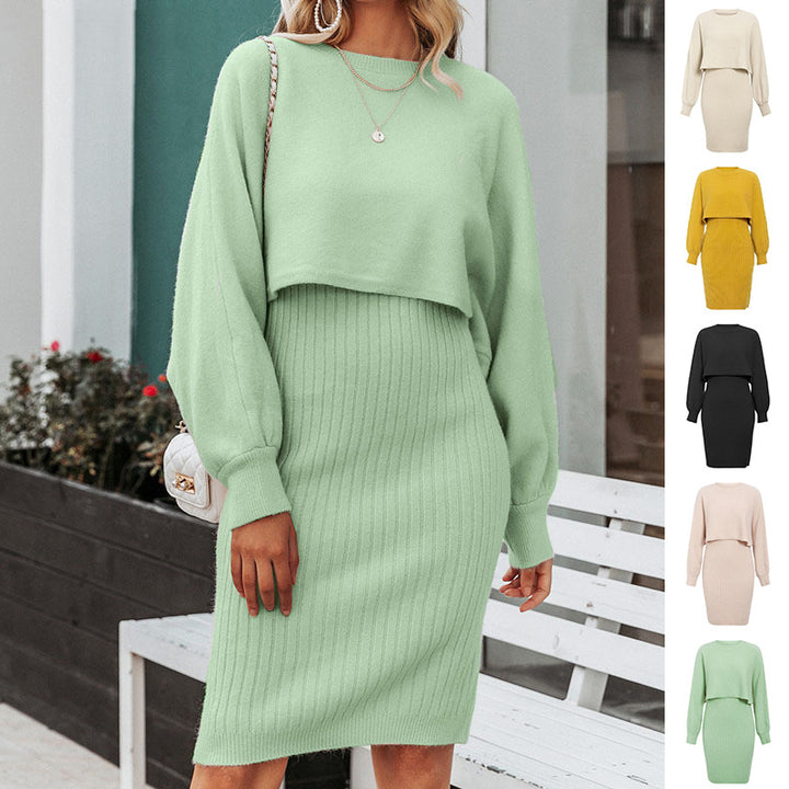 2pcs Knitted Dress Suit Fashion Solid Color Pullover Lantern-sleeved Sweater Fall Winter Women's Clothing-Lady Dresses-Zishirts