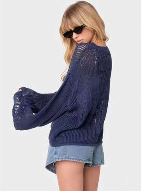 Fashion Hollowed-out Jacquard Five-pointed Star Long Sleeve Knitted Sweater-Sweaters-Zishirts