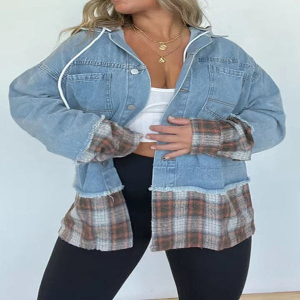 Women's Fashion Casual Denim Plaid Coat-Jackets-Zishirts