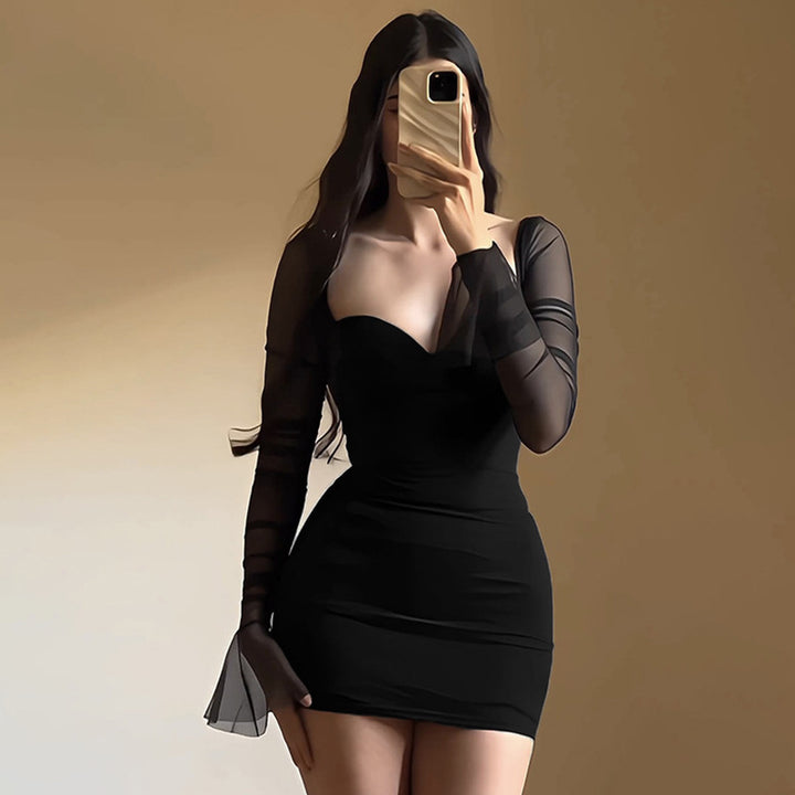 Sexy Mesh Stitching Long Sleeve Slim Fit Dress-Lady Dresses-Zishirts