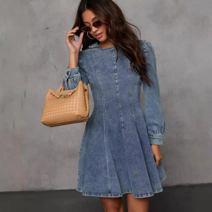 Elegant Patchwork Waist-slimming Women's Denim Long Sleeve Dress-Lady Dresses-Zishirts