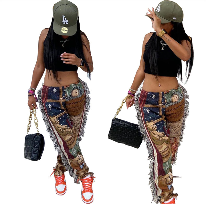 Fashion Cartoon Printed Tassel Casual Pants-Suits & Sets-Zishirts