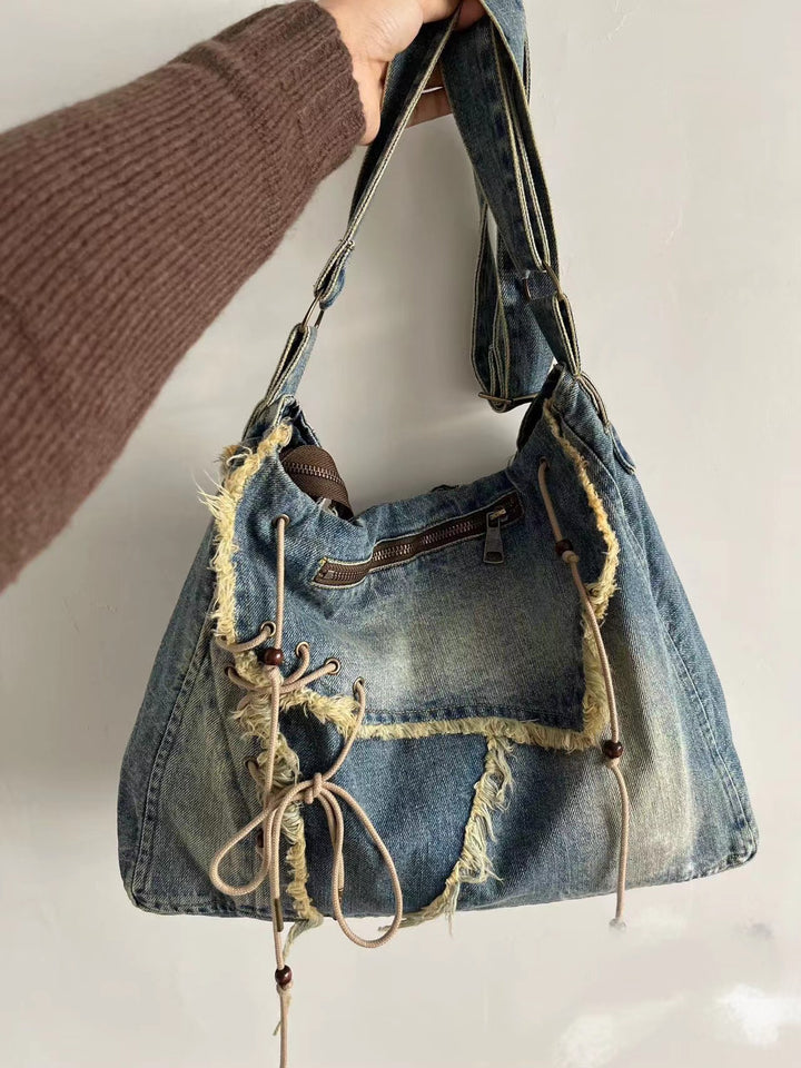 Vintage Denim Washed Brushed Tassel Messenger Bag-Women's Bags-Zishirts