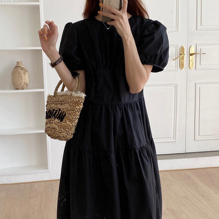 Pleated Slimming High Waist Long Over-the-knee Puff Sleeve Kikyou Dress-Womens 2024 March-Zishirts