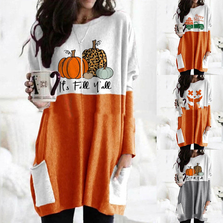 Pumpkin Halloween Pocket Long Sleeve Dress-Suits & Sets-Zishirts