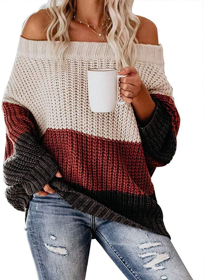 Women's Fashion Loose Casual Patchwork Stripes Knitwear-Sweaters-Zishirts