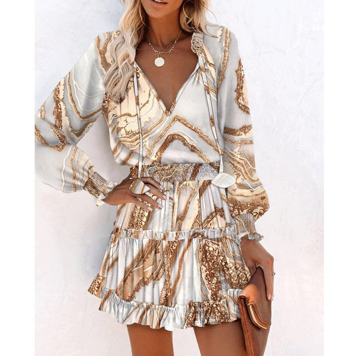 Printed Patchwork Puff Sleeve Waist Dress-Lady Dresses-Zishirts