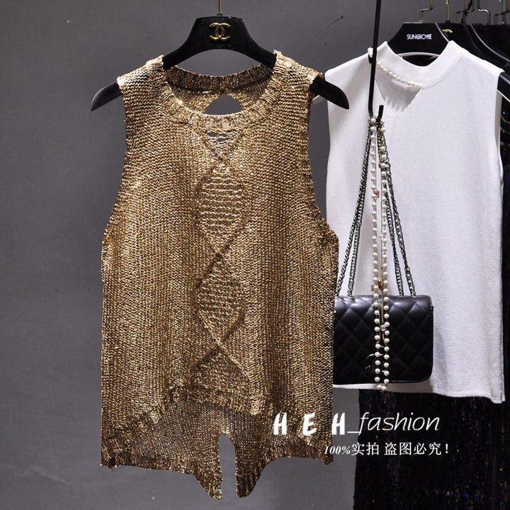 Hollow-out Crew Neck Split Sequin Sling Vest Sleeveless Top-Blouses & Shirts-Zishirts