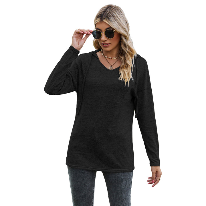 Solid Color And V-neck Hooded Long-sleeved Casual Bottoming T-shirt-Blouses & Shirts-Zishirts