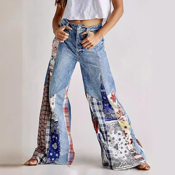 Retro Denim Stitching Button High Waist Wide Leg Jeans-Woman Jeans-Zishirts