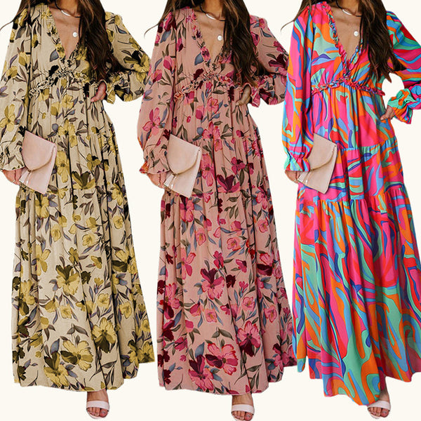 Printed Long Sleeve Dress Women's V-neck Loose-Women's Outerwear 2023-Zishirts