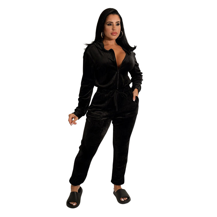 Fashion Home Casual Straight-leg Velvet Jumpsuit Suit-Suits & Sets-Zishirts