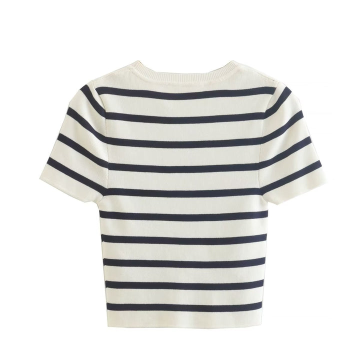 Striped Round Neck Short Sleeve Knitted Sweater-Sweaters-Zishirts