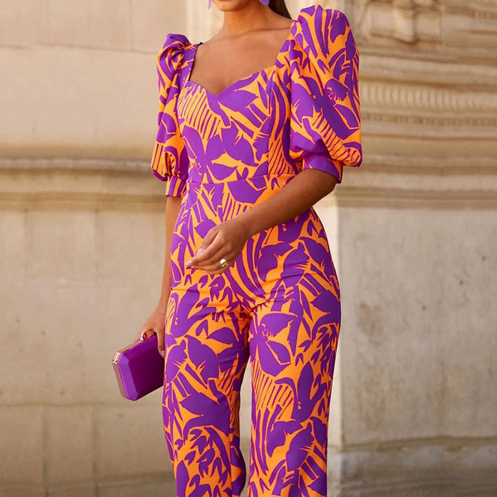 Women's Printed V-neck Lantern Sleeve Jumpsuit-Women's Outerwear 2023-Zishirts