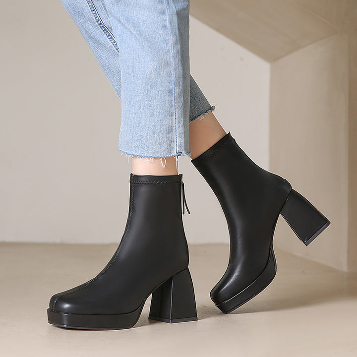 Square Head Thick Heel Back Zipper High Heel Boots-Womens Footwear-Zishirts