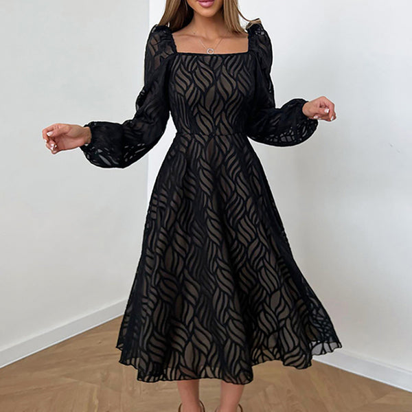 Women's Graceful And Fashionable Hollow-out Micro-transparent Jacquard High Waist Long Sleeves Dress-Lady Dresses-Zishirts