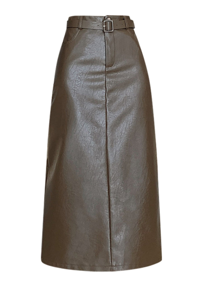 Coffee Colored High Waisted PU Leather Skirt For Women-Women's Outerwear 2023-Zishirts