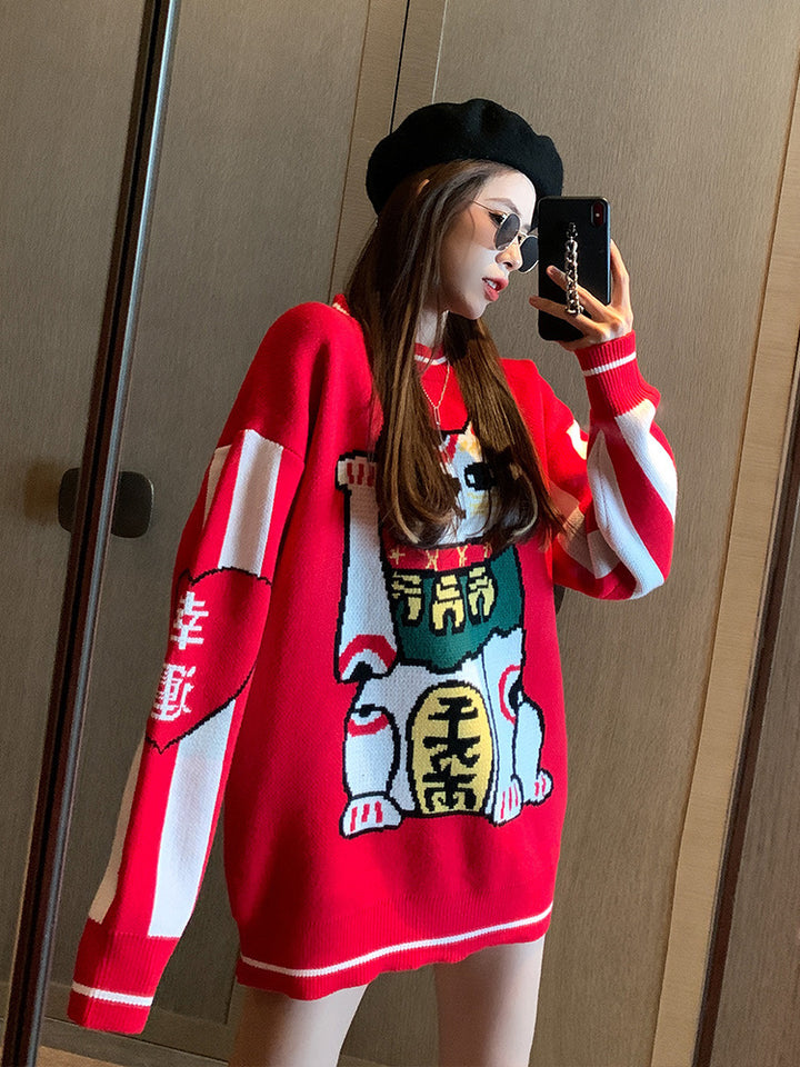 Women's Fashion Lucky Cat Thick Retro Sweater-Women's Outerwear 2023-Zishirts