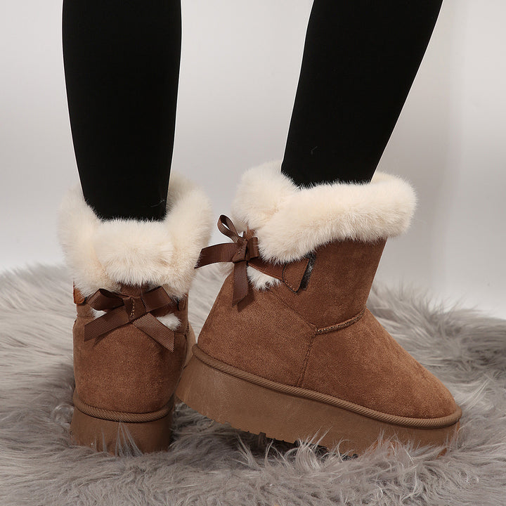 New Bow-knot Snow Boots Winter Plus Velvet Warm Thick-soled Ankle Boots For Women Simple Daily Leisure Cotton Shoes-Womens Footwear-Zishirts