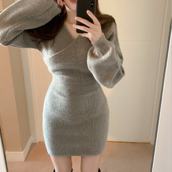 Cross V-neck Hip Women's Knitted Dress Sweater-Lady Dresses-Zishirts