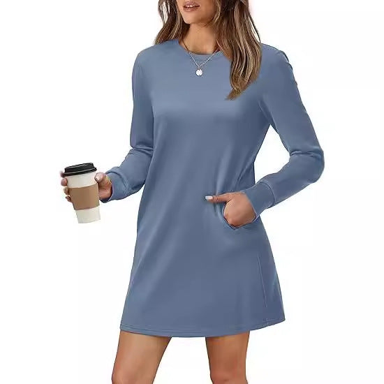 Back Fold Pocket Long Sleeve Sweater Dress-Lady Dresses-Zishirts